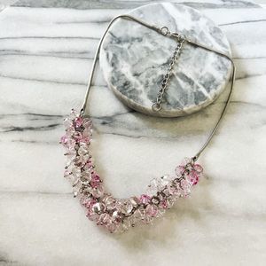 Cluster Beaded Necklace Pink Clear Silver Toned Metal Glass and Acrylic
